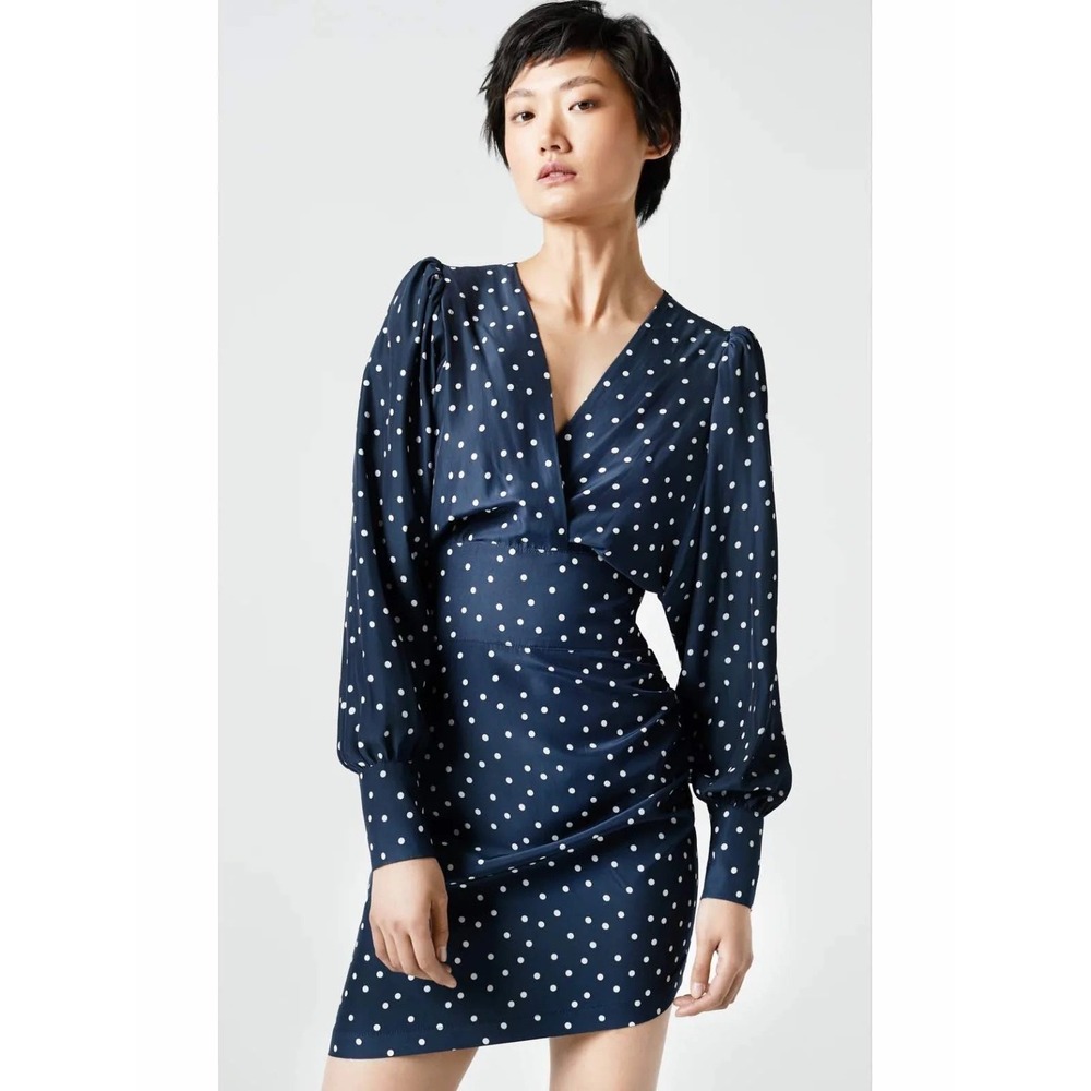 NWT Smythe Draped Mini Dress Navy Blue‎ White Polka Dot Long Sleeve Blouson Chic
